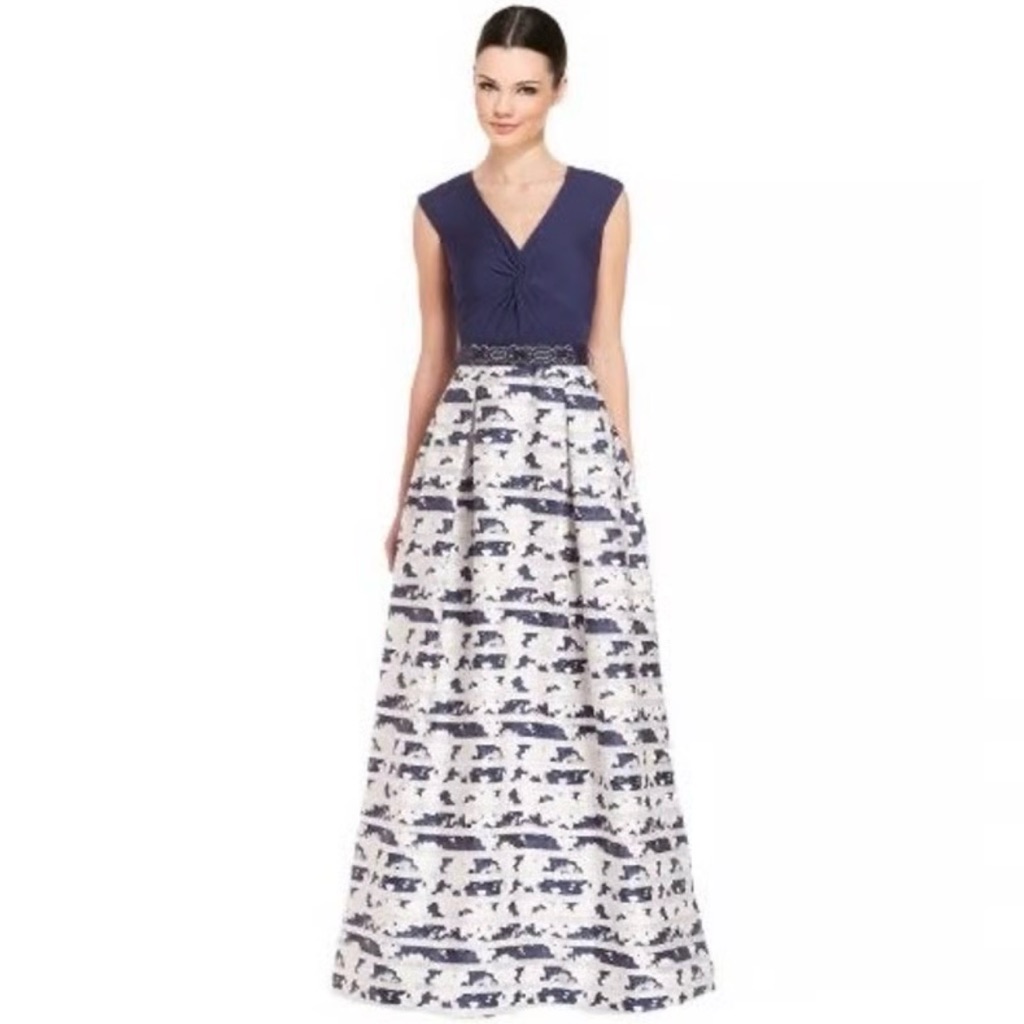Teri Jon Rickie Freeman Sleeveless Navy V-Neck Maxi Dress Printed White Skirt 4